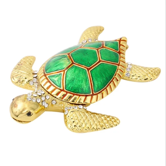 3.5" Sea Turtle Trinket Jewelry Box. Enameled Shell & Shiny Crystal accents - Picture 1 of 5